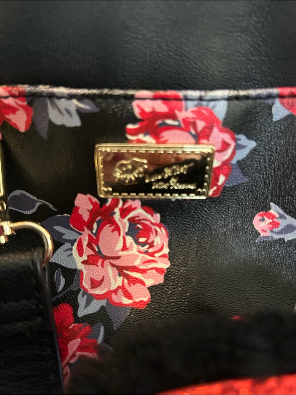 Betsey Johnson Black Shoulder Bag with Pink and Red Floral Print. Super cute
